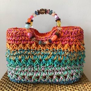 Multicolor toyo straw bag with beaded handles